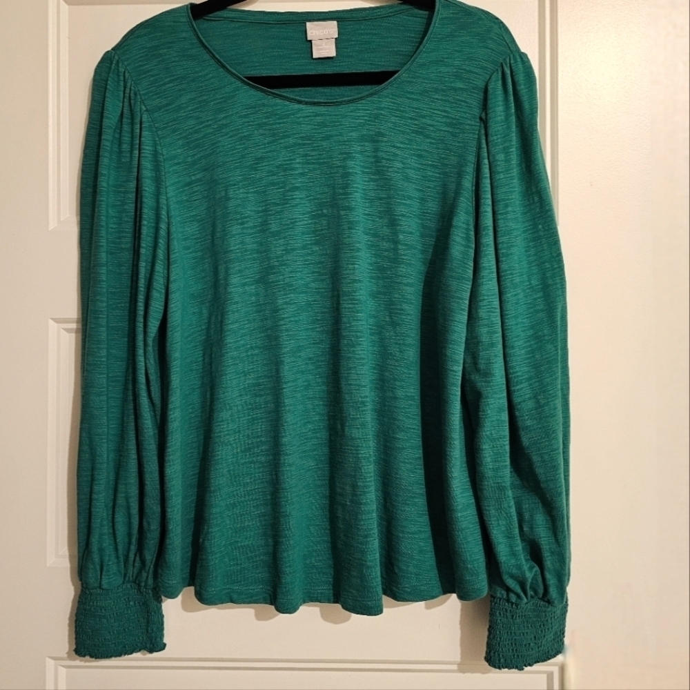 Chico's Green Scoop Neck Top with Smocked Cuffs & Balloon Sleeves (Sz 2/Lg)